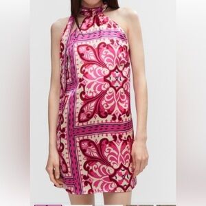 Mango Pink Silky Mini Dress with Scarf Neck